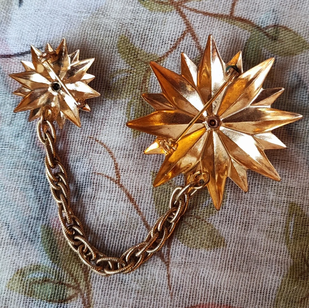 Unisex Vintage Dual Adornment Blazer Pin Brooch Gold Tone Topaz Stones Prong Set